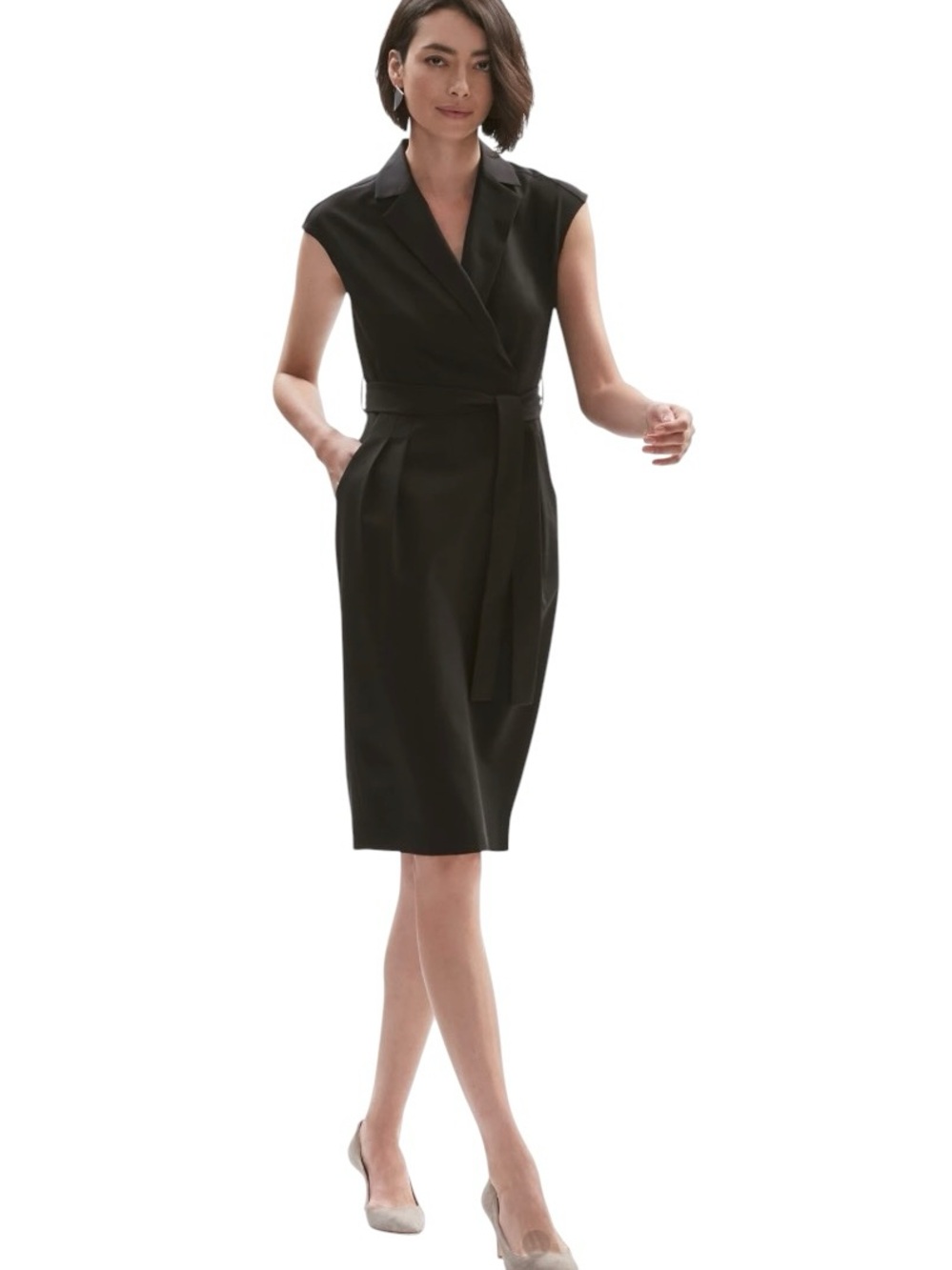 MM Lafleur Black Sleeveless Wrap Midi Dress with Self-Tie Waist